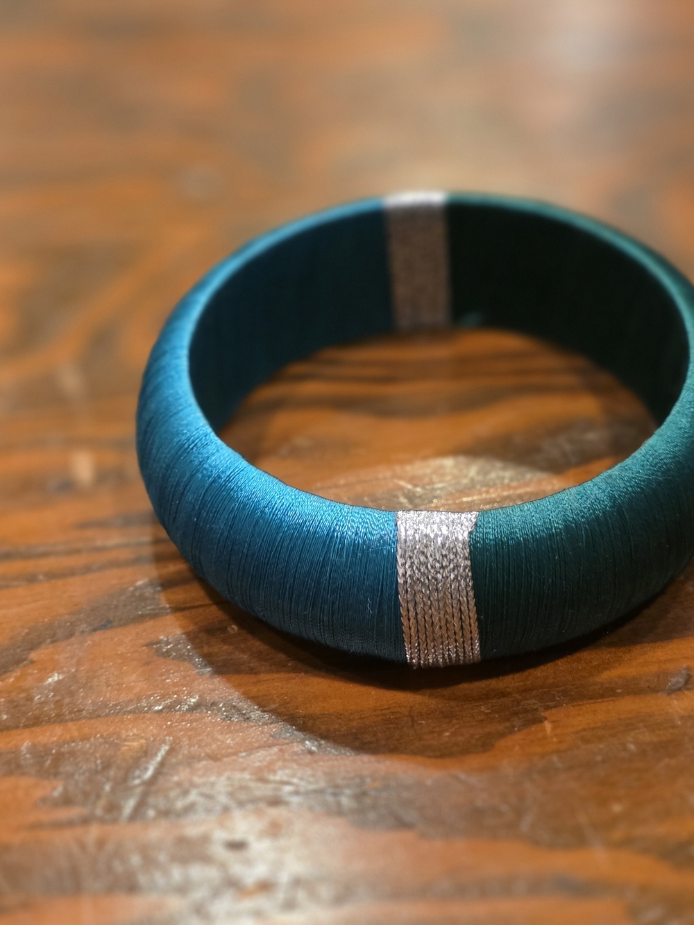 Teal And Green Wrapped Bangle Bracelet with Silver Accent